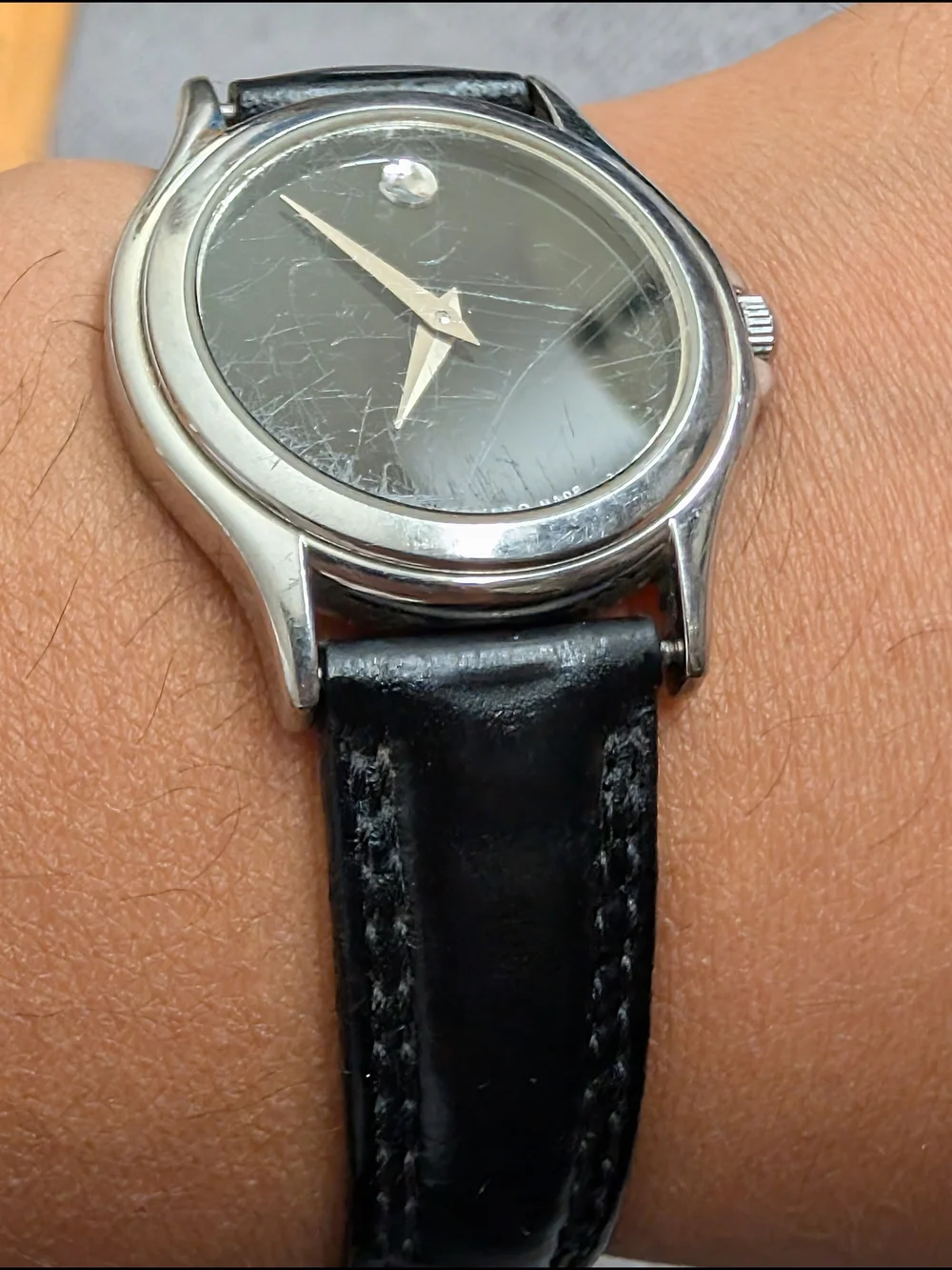 Movado Museum Black Dial Stainless Steel Watch with Black Leather Strap